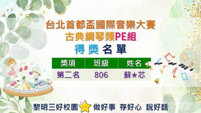 狂賀！八年六班蘇生榮獲台北首都盃國際音樂大賽古典鋼琴類PE組第二名，全體師生同賀！圖片